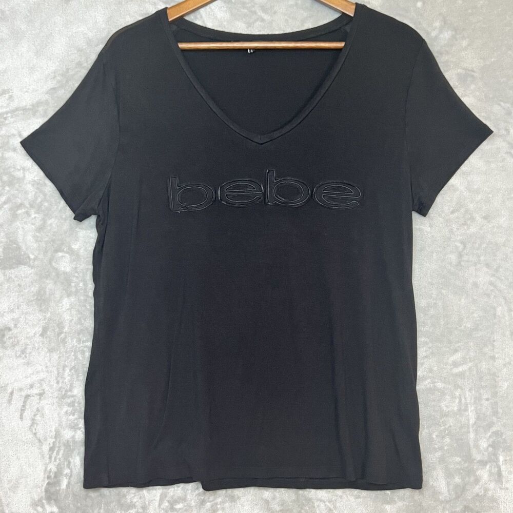 Bebe Womans Black Y2K Basic Vintage Shirt Distressed Letters Size Large
